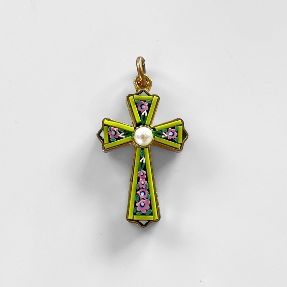 Vintage Micro Mosaic Pearl Center Cross Pendant